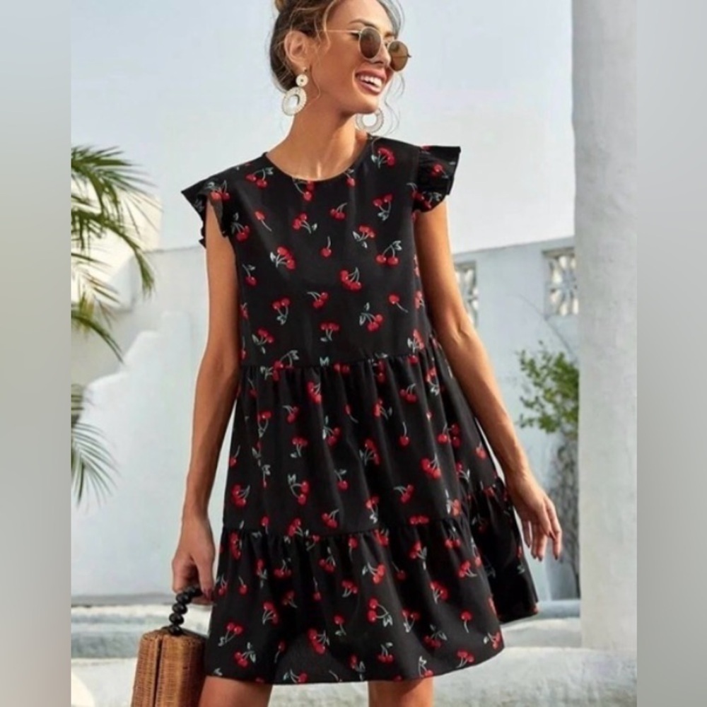 🍒 Boho Chic Sz Small Black Babydoll Ruffle Cap Sleeve Dress  Cherry Grunge Y2K